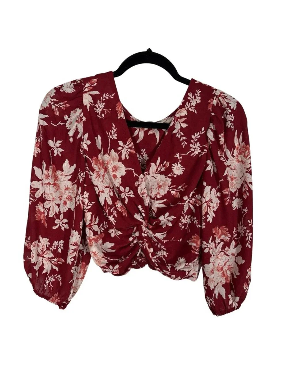 Abercrombie & Fitch Women S Red Floral Puff Sleeve Twist Knot Front Crop Blouse
